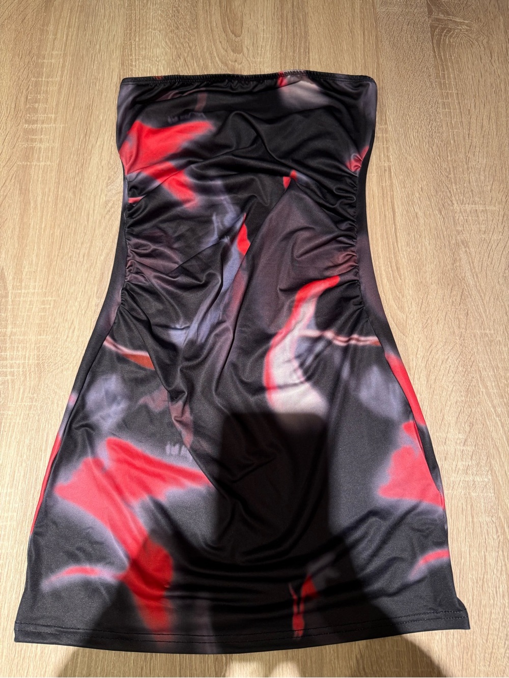 Strapless Black Dress with Red Abstract Print